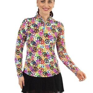 IBKUL Women’s Sz S Peri Peace Sign Long Sleeve Mock Golf Shirt UPF 50+